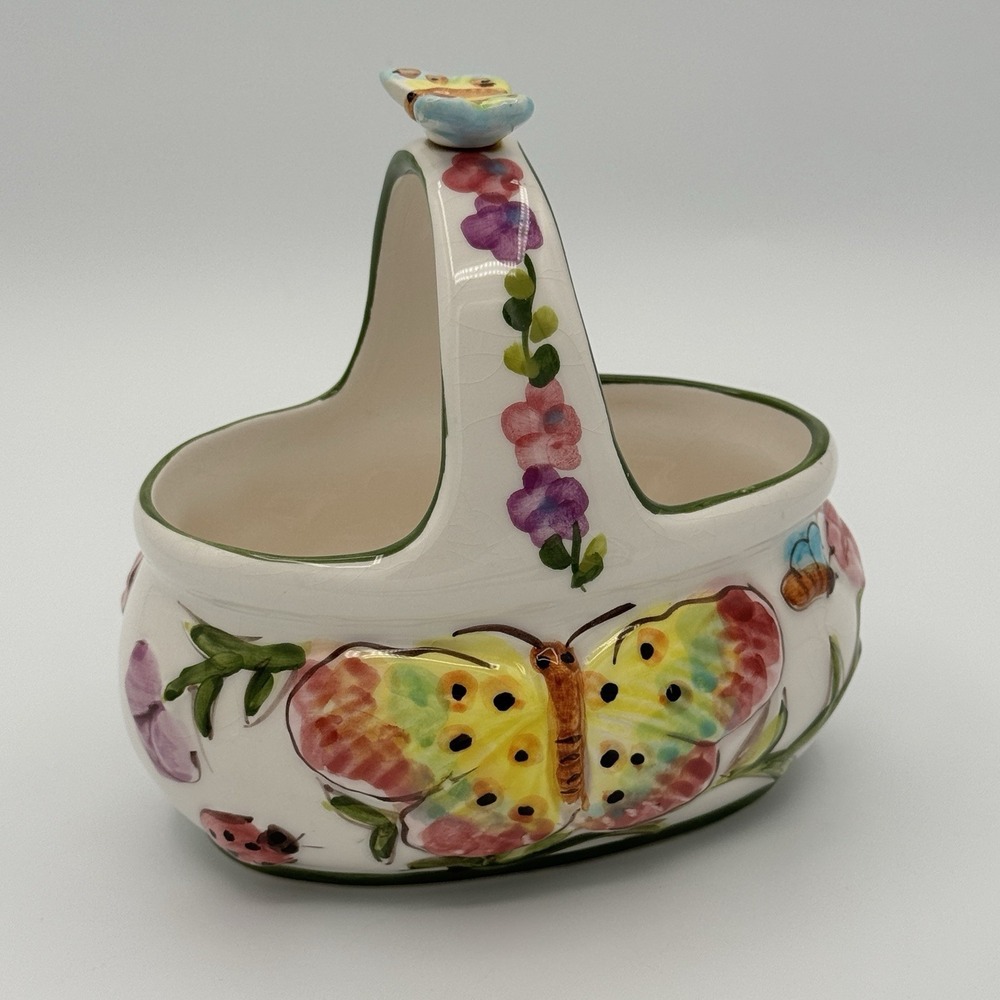 Vintage Ceramic Butterfly‎ Basket Planter Candy Dish Floral Hand Painted